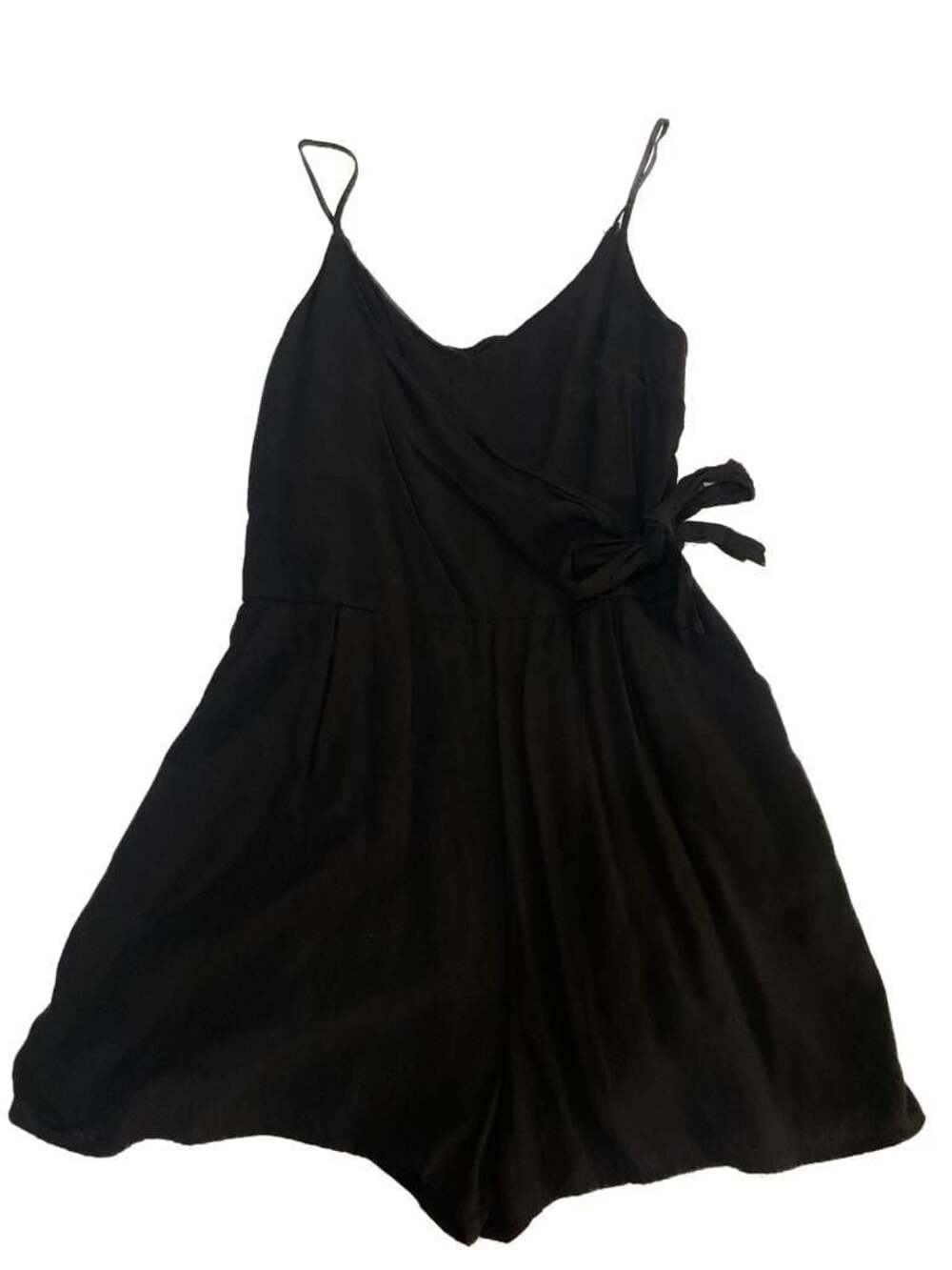 One Clothing Black Sleeveless V-Neck Faux Wrap Romper with Side Tie